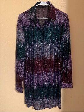 Boohoo Multicolor Sequin Button-Down Shirt - Purple, Green, Burgundy